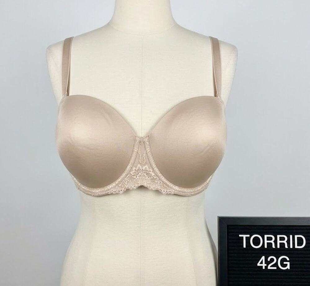 Torrid 42G Strapless Bra Convertible Lace Trim Beige Nude Padded Underwire Plus
